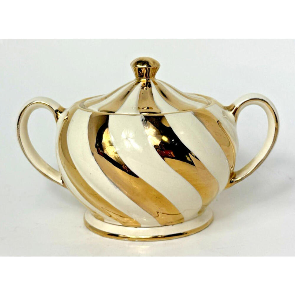 Vintage Sadler Fine Bone China Gold Cream Thick Swirl Stripe Sugar Dish 1552
